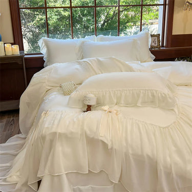 White Pink Princess Ruffle Romantic Wedding Girls Duvet Cover, Cotton Bedding Set